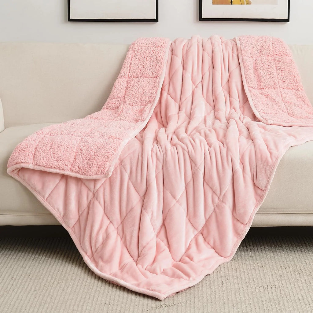 Fleece Weighted Blankets for Adults, Soft Shaggy Sherpa 12 Lb Twin Size Weighted Blanket for Anxiety Calming and Relax, 48X72 Inch Pink
