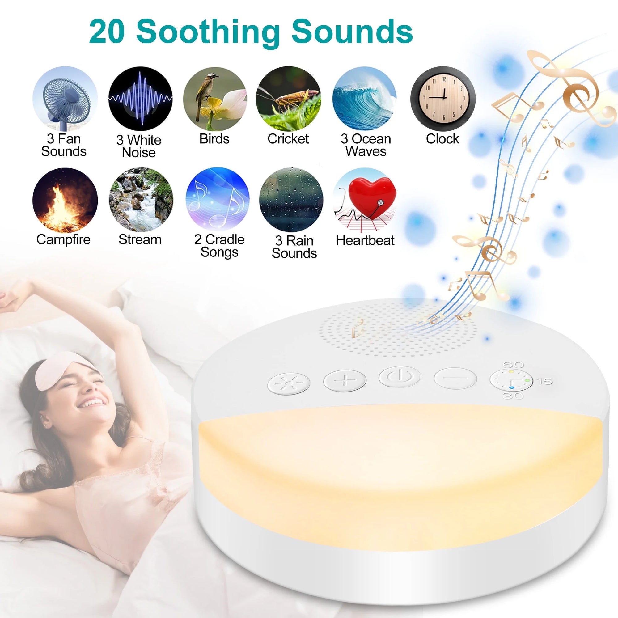 White Noise Machine for Sleeping, Soothing Night Light Machine, 20 Soothing Sounds, Timer and Memory Function