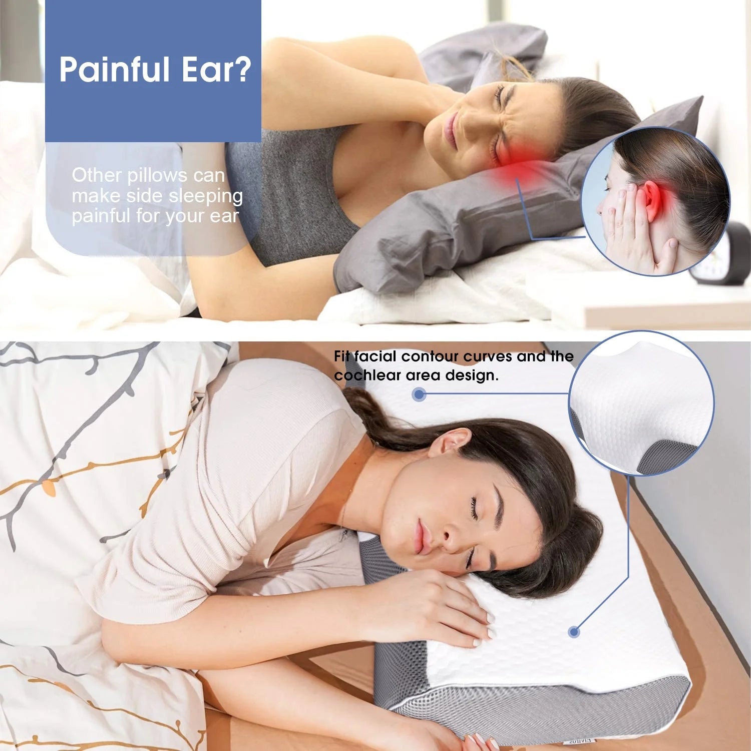 Cervical Memory Foam Pillow for Neck Pain Relief, Ergonomic Bed Pillows for Body Side Back Stomach Sleepers, 23.6''X 13.3''X 4.3'',White