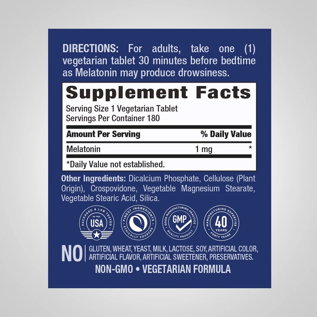 Melatonin 1 Mg | 180 Tablets | Gluten Free, Non-Gmo | by