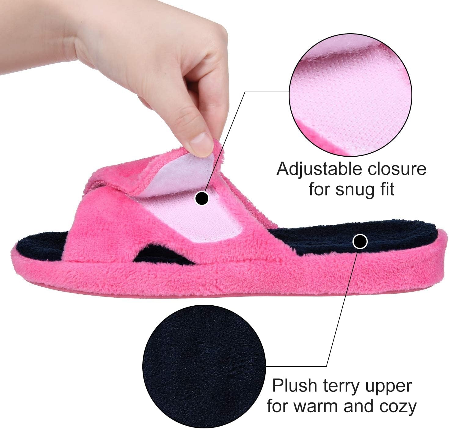 Summer Arch Support Slippers for Women Adjustable Terry Cloth Fuzzy Indoor Slippers Open Toe House Shoes