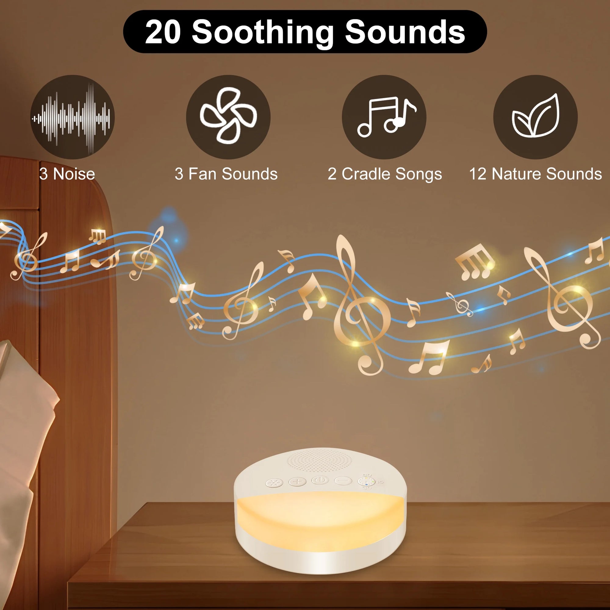 White Noise Machine for Sleeping, Soothing Night Light Machine, 20 Soothing Sounds, Timer and Memory Function