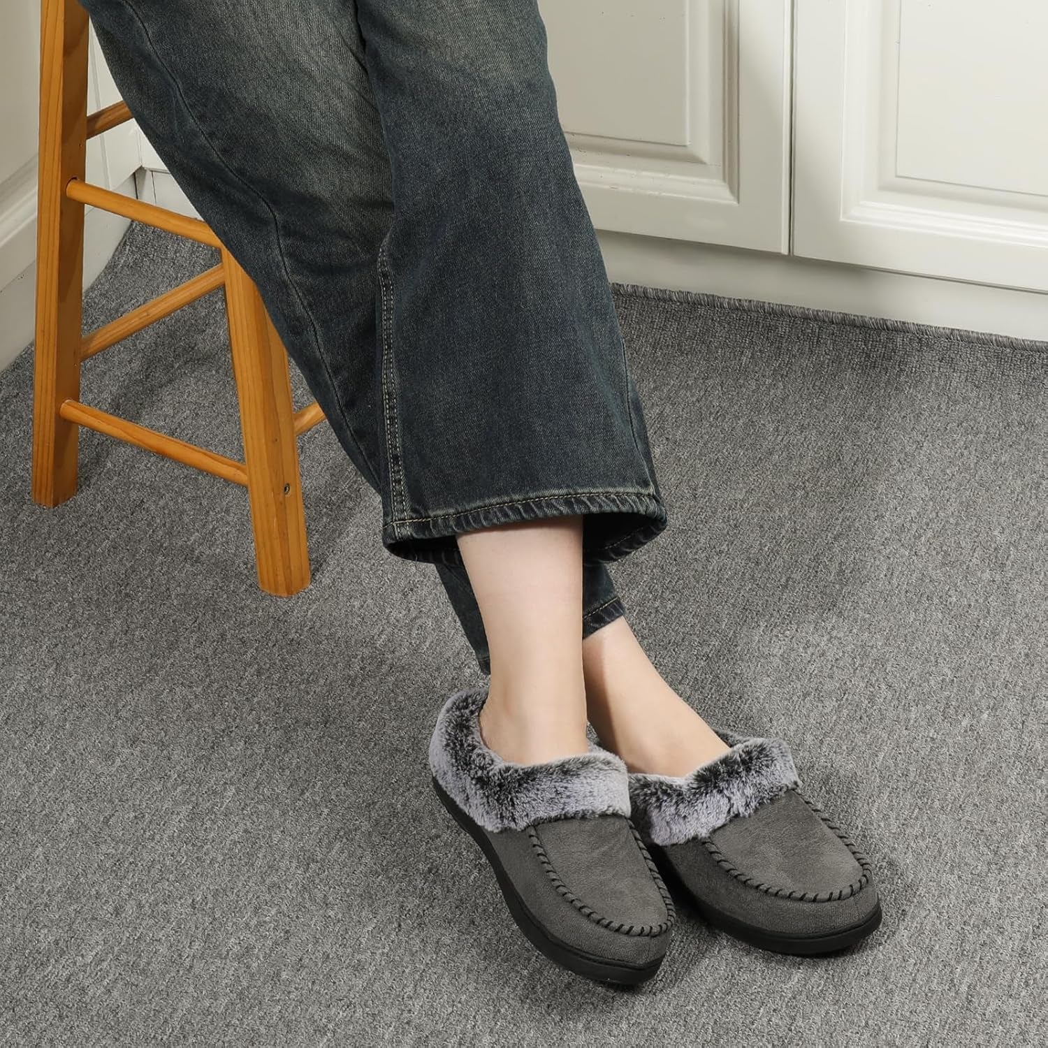 Women'S Memory Foam House Slippers with Hard Bottom, Fur Lined House Shoes with Non-Slip Rubber Sole for Indoor & Outdoor