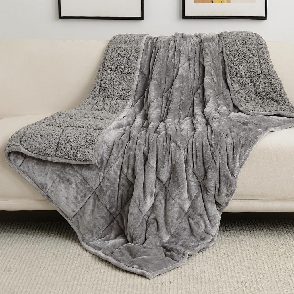 Fleece Weighted Blankets for Adults, Soft Shaggy Sherpa 20 Lb Weighted Blanket Queen Size for Anxiety Calming and Relax, 60X80 Inch Gray
