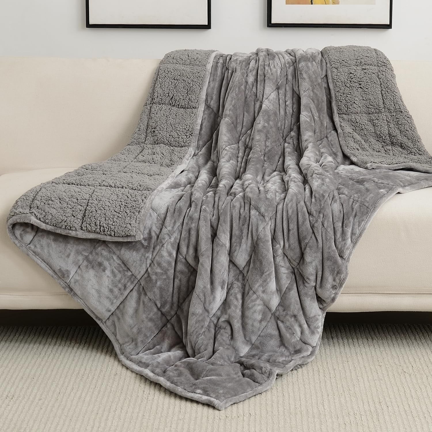 Fleece Weighted Blankets for Adults, Soft Shaggy Sherpa 20 Lb Weighted Blanket Queen Size for Anxiety Calming and Relax, 60X80 Inch Gray