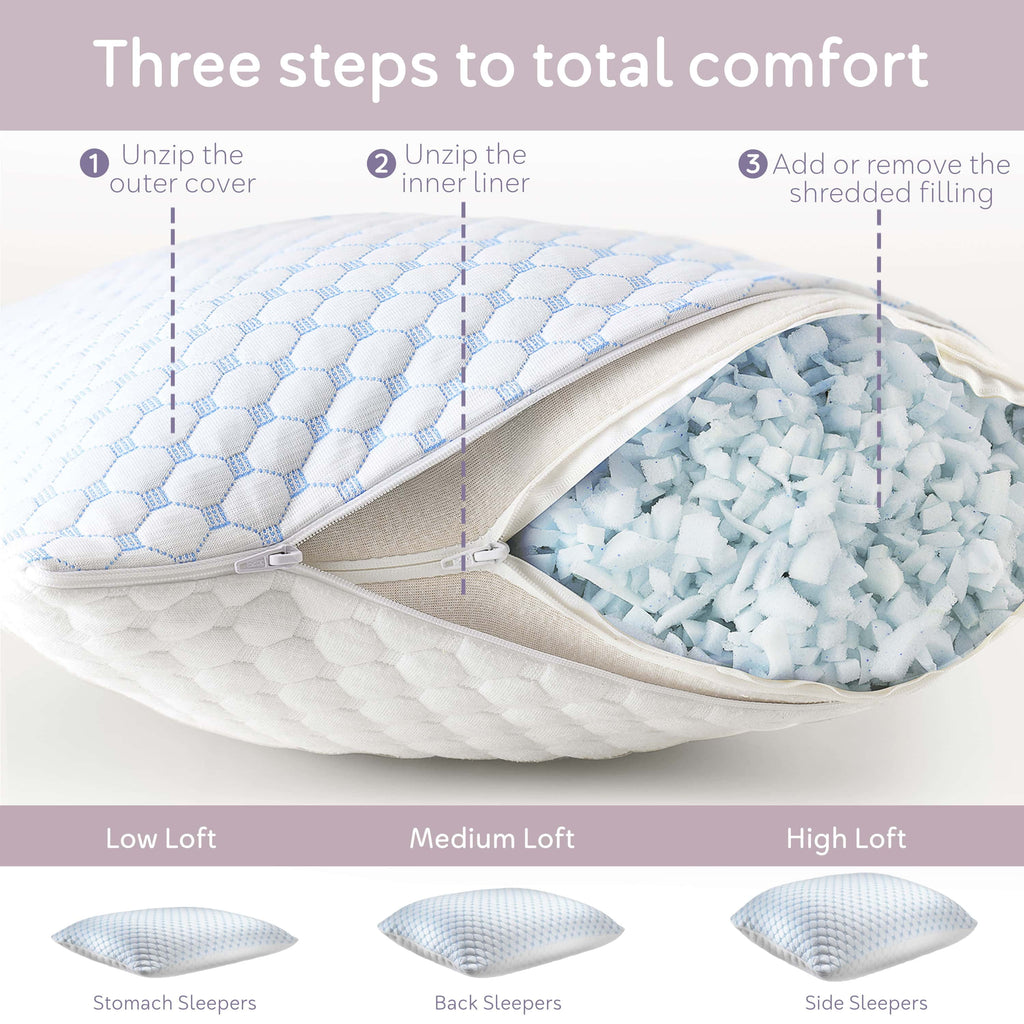 Virtu Temperature Queen Pillows, Regulating and Adjustable Memory Foam Cooling Bed Pillows Queen Size Pillows, 20" X 30"