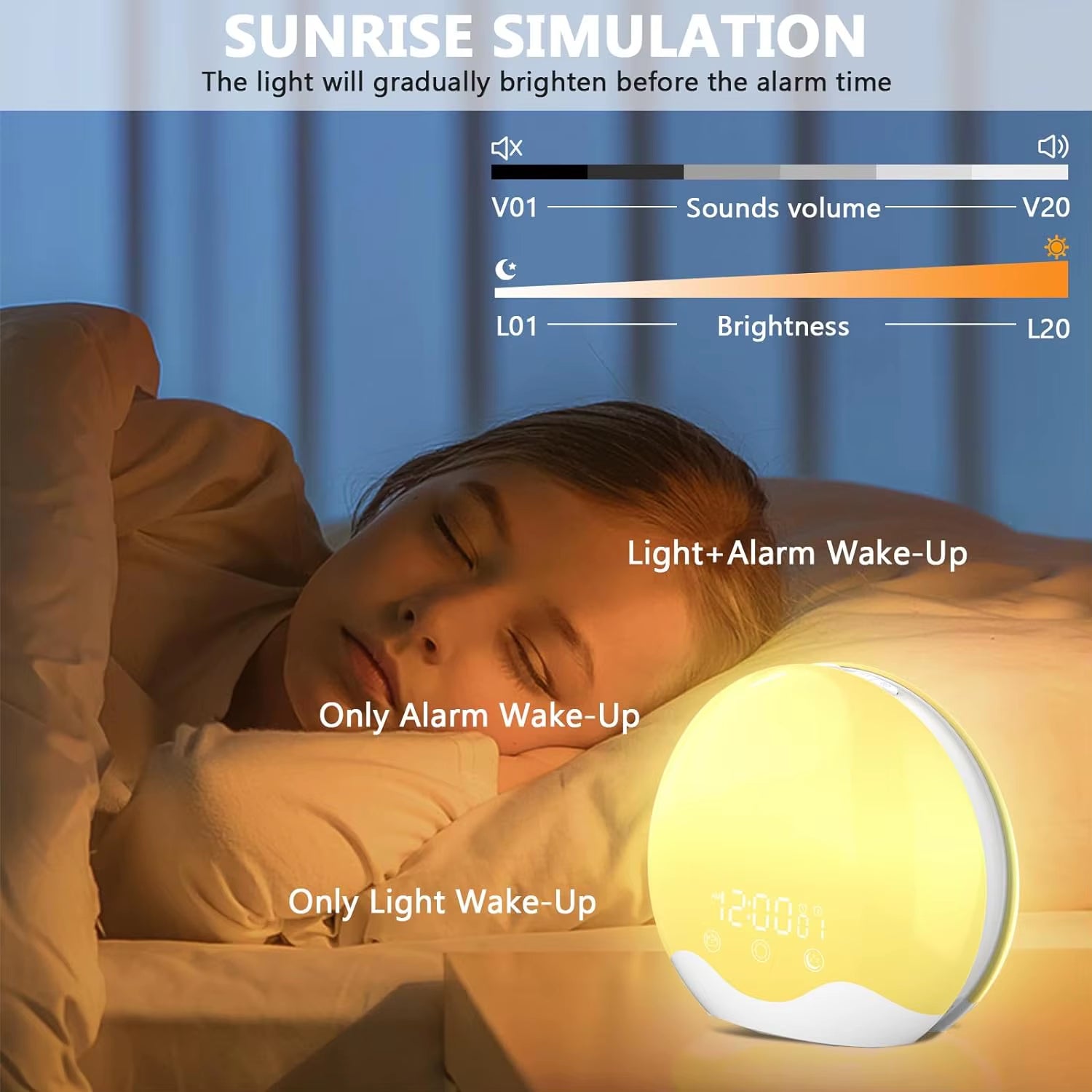 Sunrise Alarm Clock Wake up Light with Touch Control Dual-Sided Natural Light for Kids Heavy Sleepers with 12-Color Night Light