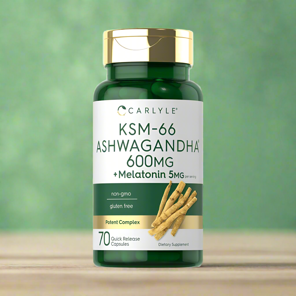 Supplement bottle labeled 'Carlyle KSM-66 Ashwagandha 600MG + Melatonin 5MG' on a white background