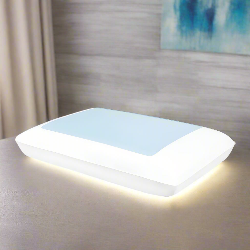 Rectangular white object with a blue top on a white background