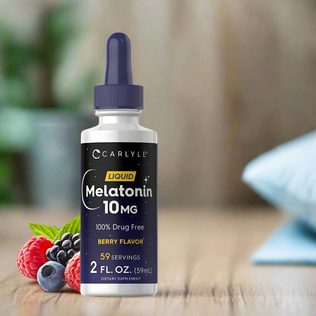 Carlyle Melatonin 10 MG liquid supplement bottle with berries on a white background