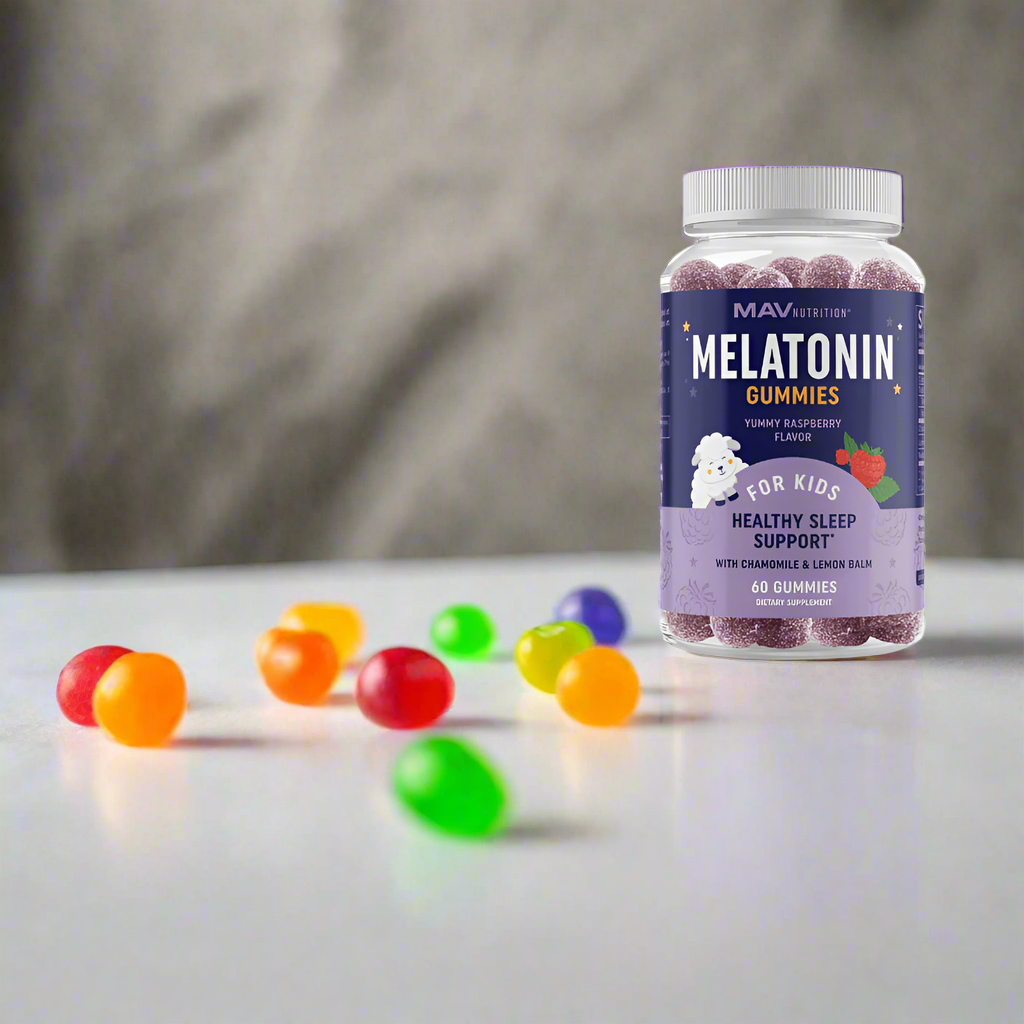Melatonin gummies for kids in a purple bottle on a white background