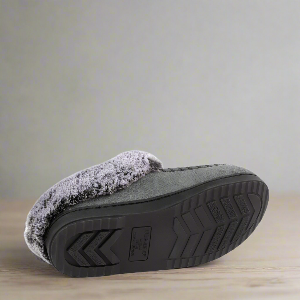 Gray slipper with textured sole on a white background