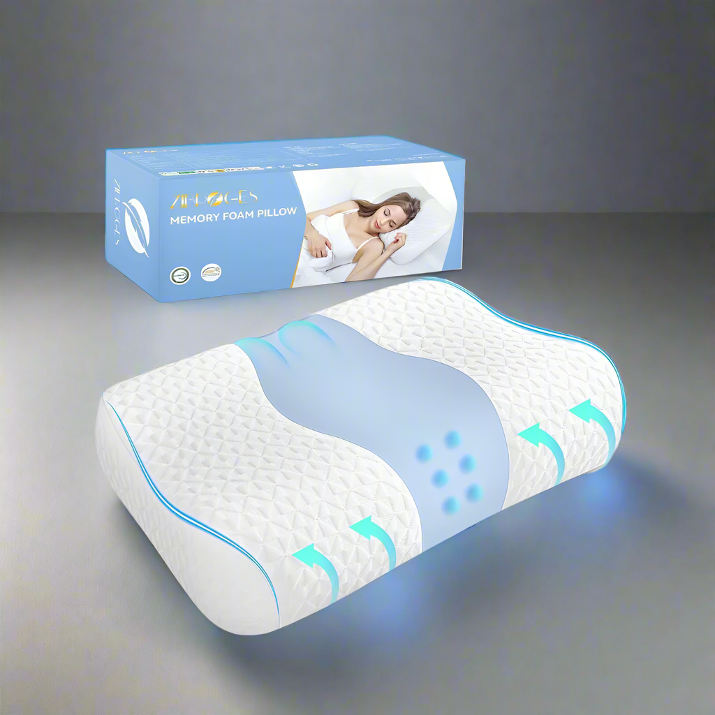 Memory foam pillow with blue accents and packaging on a white background