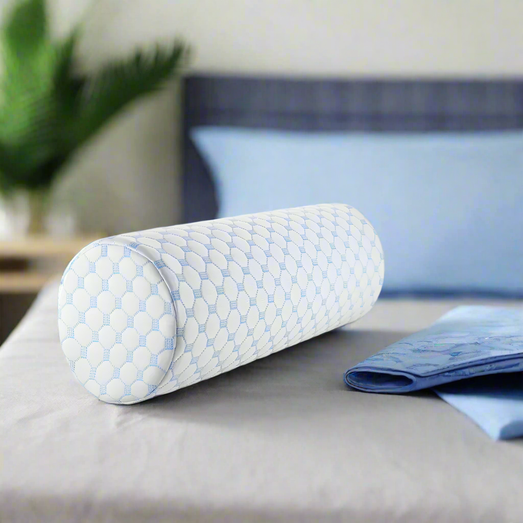 Cylindrical pillow with blue and white pattern on a white background