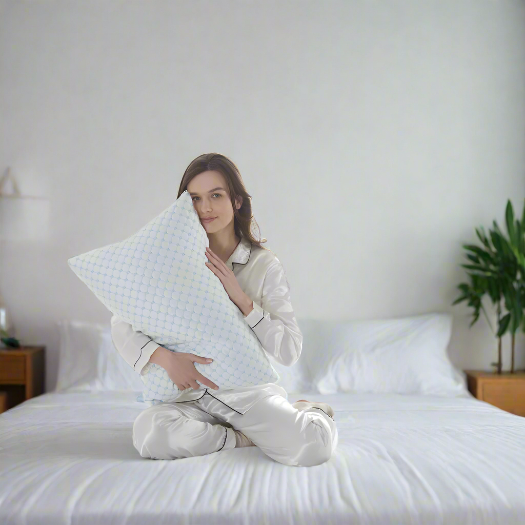 Woman holding a textured pillow in a bright room with a window and plant.