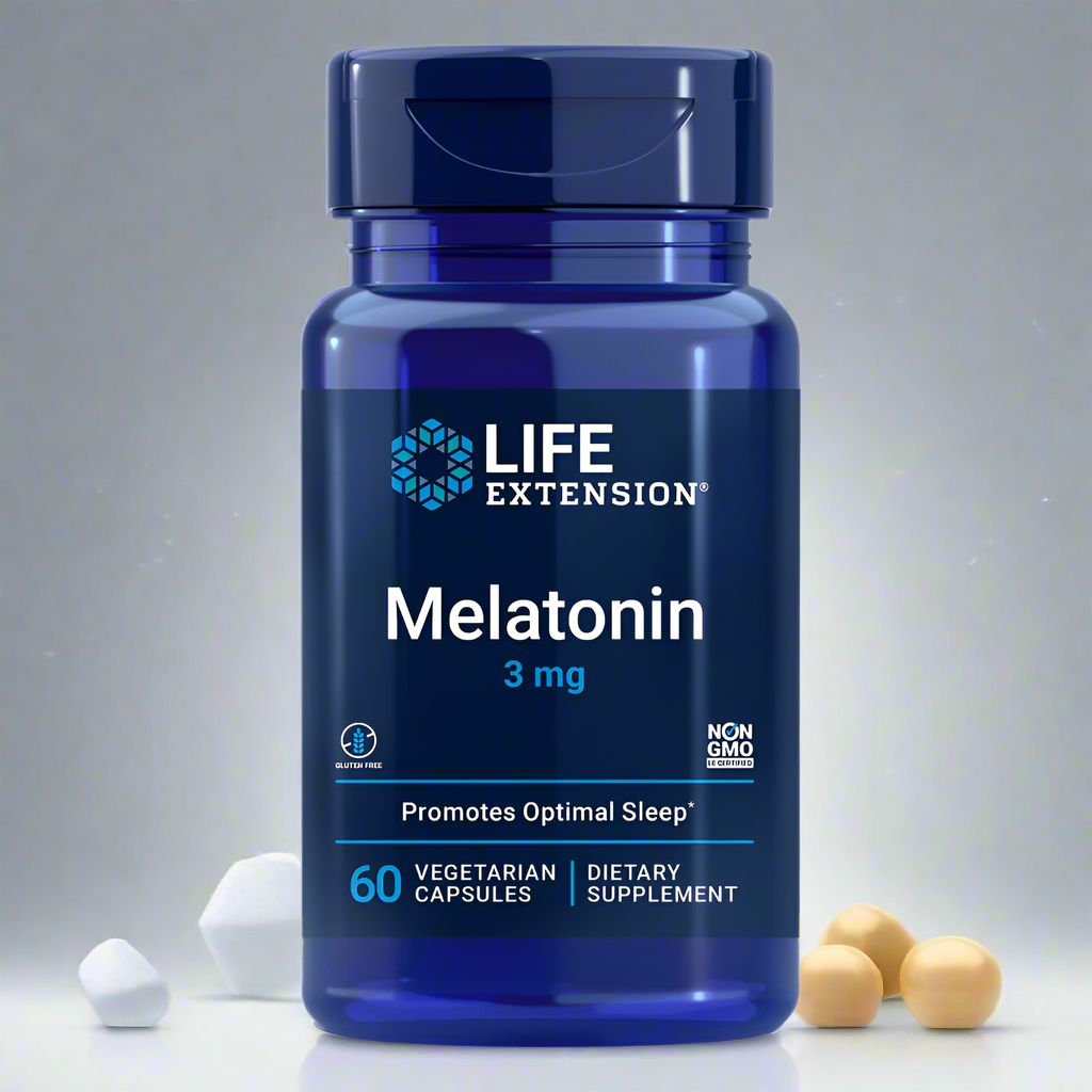 Blue bottle of Life Extension Melatonin supplement on a