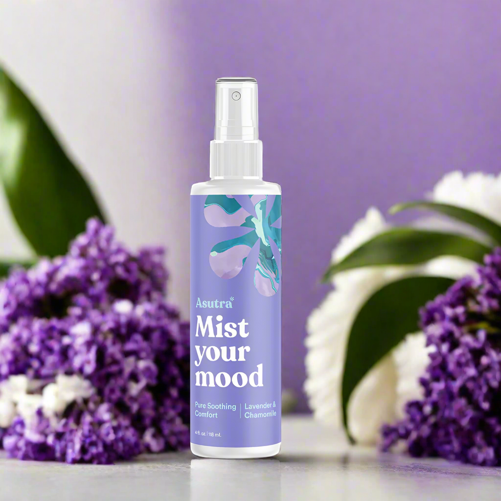Spray bottle labeled 'Mist your mood' by Asutra on a white background