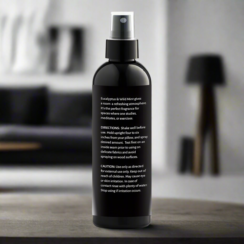 Black spray bottle with text on a white background