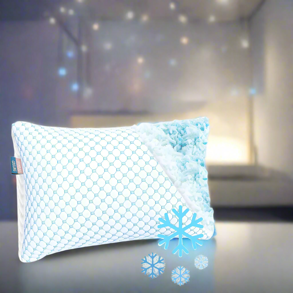 Cooling pillow with blue geometric pattern and snowflake graphics on a white background