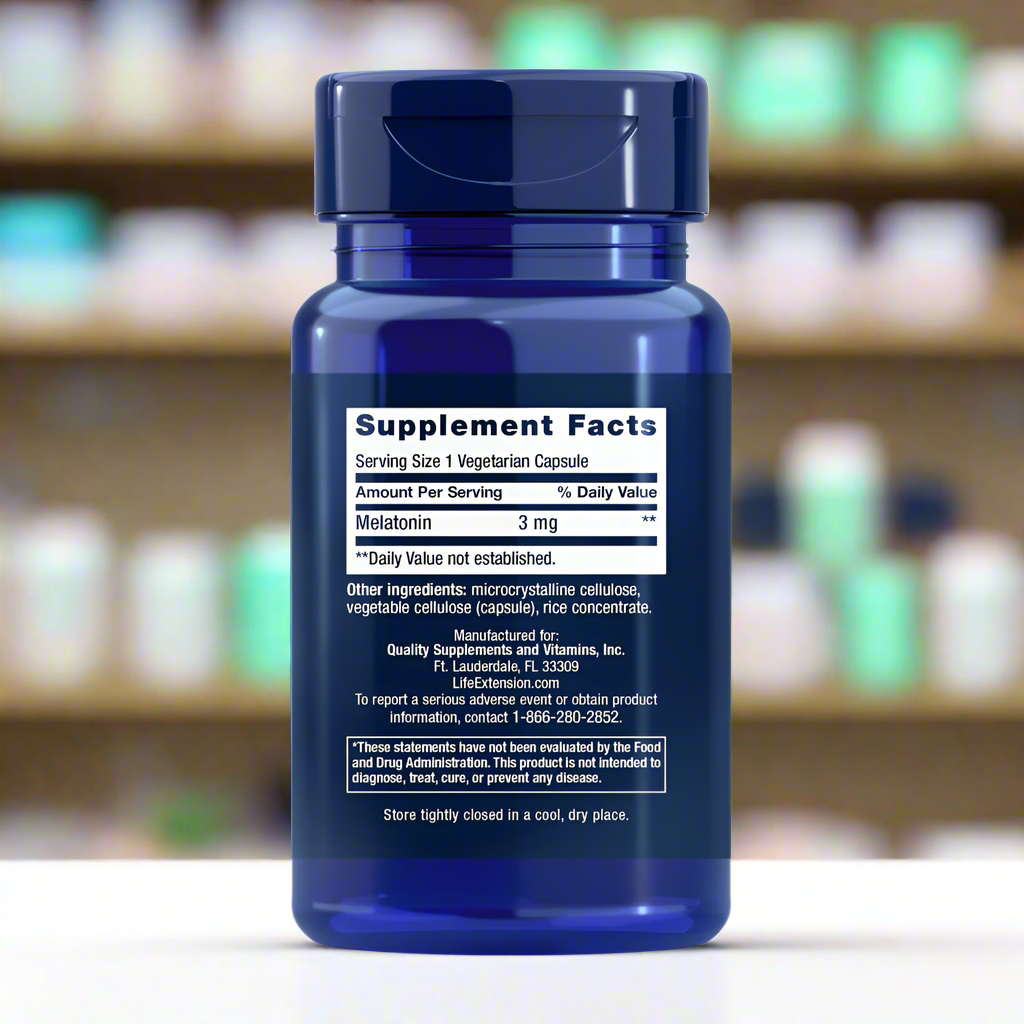 Blue supplement bottle with label 