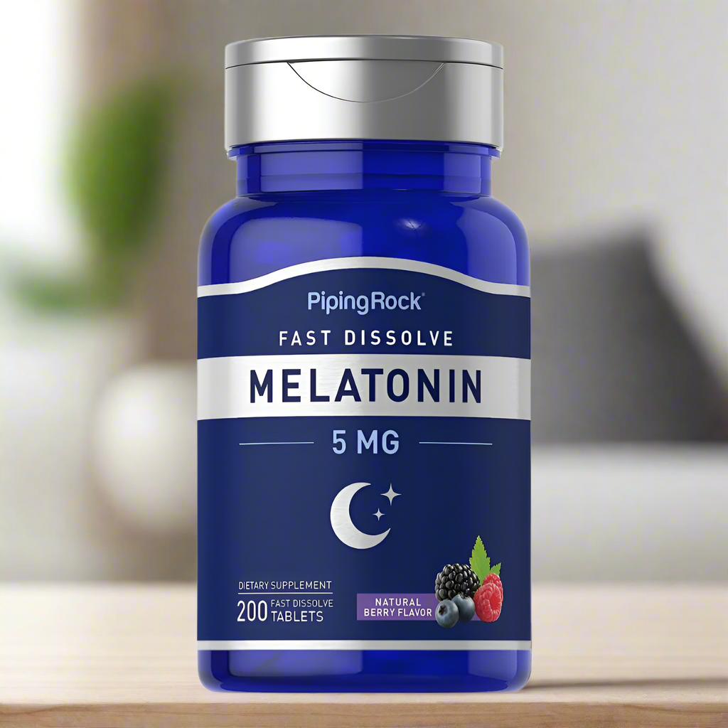 Blue bottle of Piping Rock Melatonin 5 MG supplement 