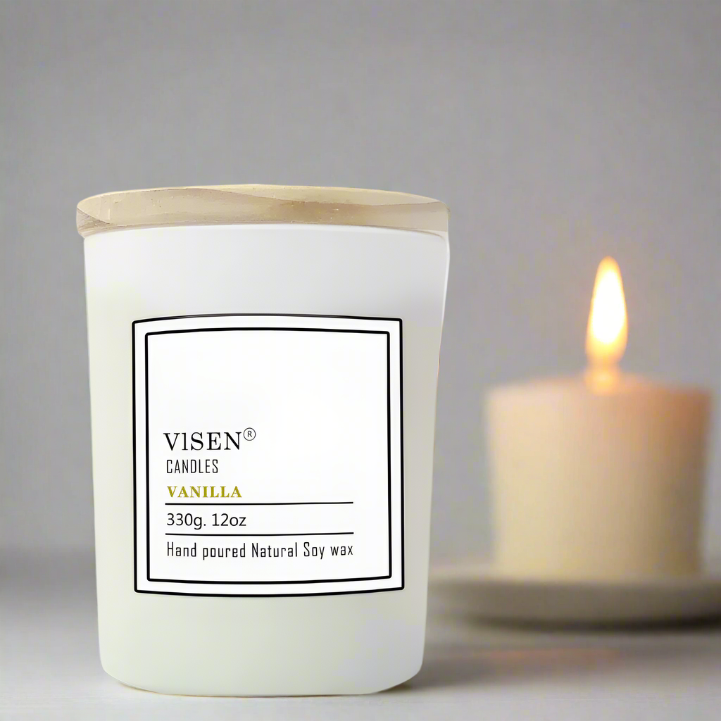 White candle with wooden lid and 'Visen Candles' label on a white background