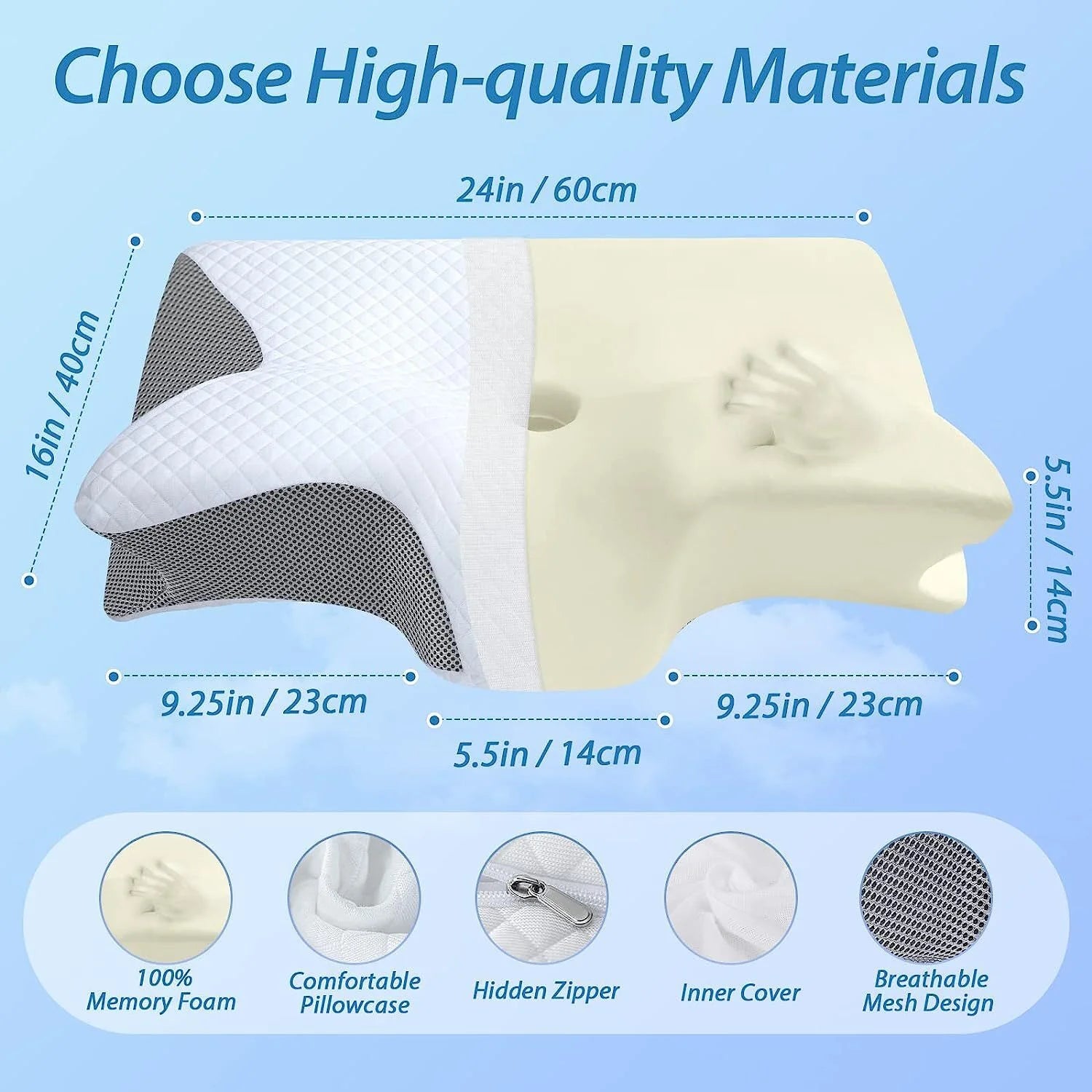 Cervical Pillow for Neck Pain Relief, Contour Memory Foam, Ergonomic Orthopedic Neck Support Pillow for Side, Back & Stomach Sleepers with Breathable Pillowcase Queen Size