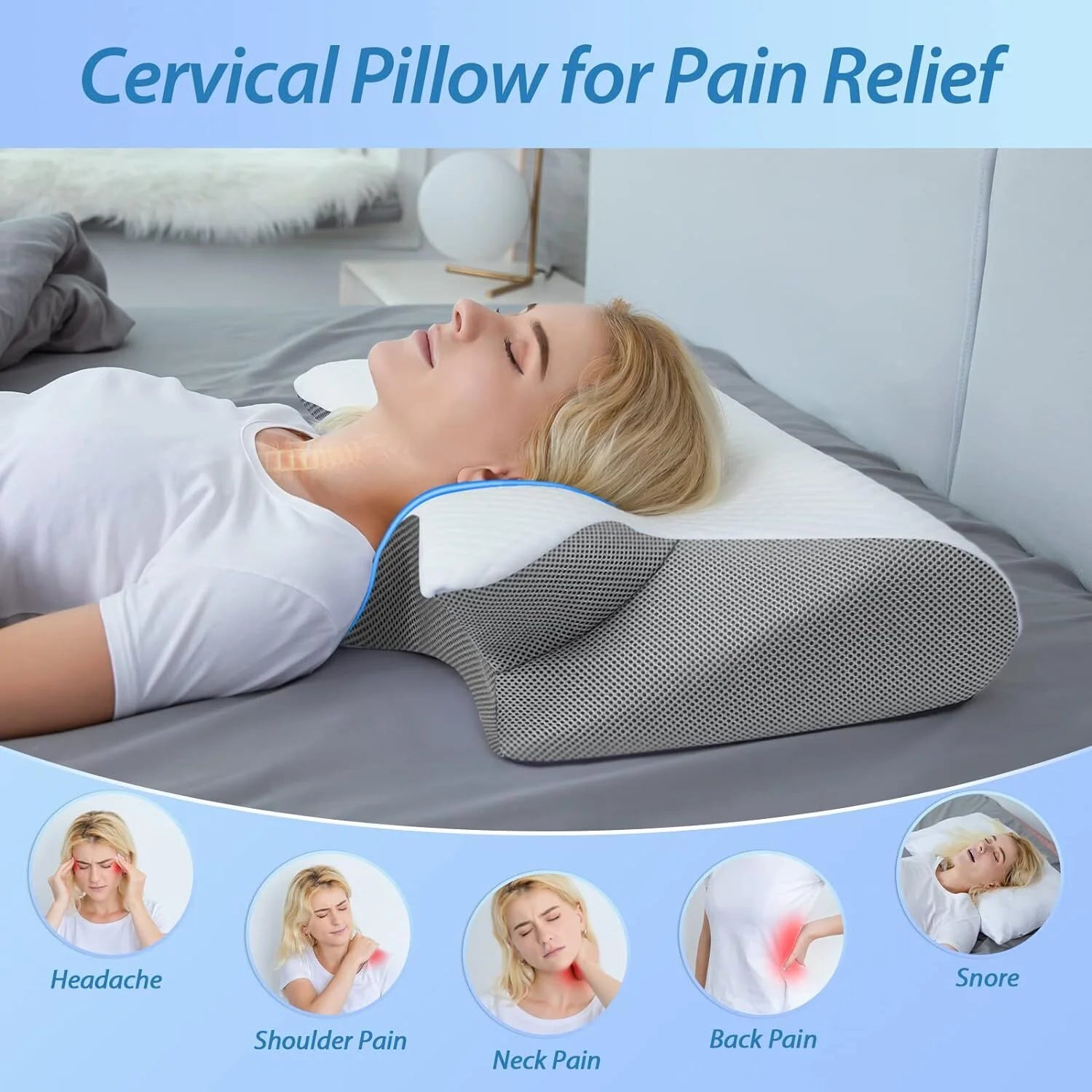 Cervical Pillow for Neck Pain Relief, Contour Memory Foam, Ergonomic Orthopedic Neck Support Pillow for Side, Back & Stomach Sleepers with Breathable Pillowcase Queen Size