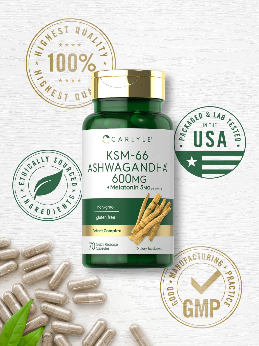 KSM-66 Ashwagandha Capsules 600Mg | 70 Count for Men and Women | with Melatonin 5Mg | by