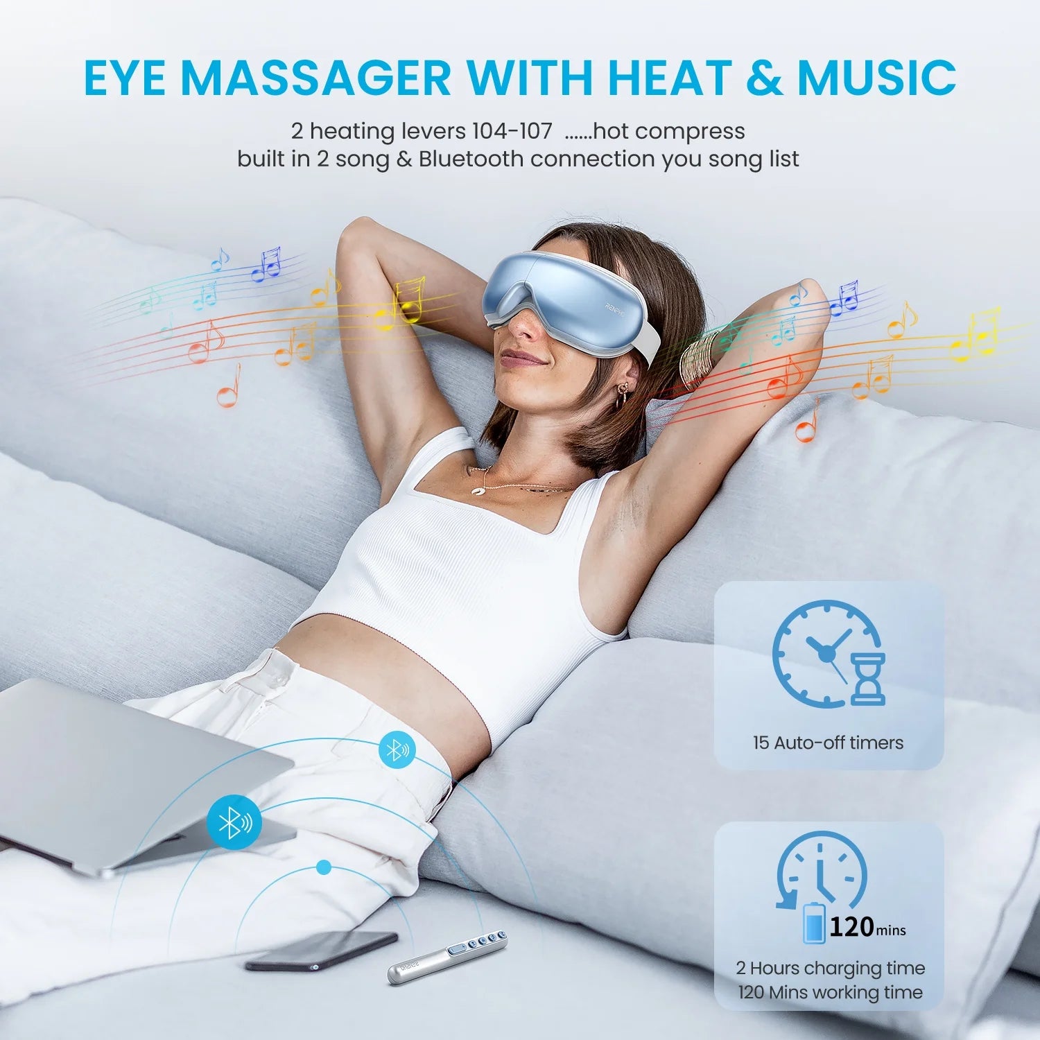 Eyeris1 Temple Massager with Heat Bluetooth Music for Eye Relaxing, with Remote Control
